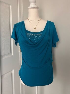 bebe Teal Draped Short Sleeve Top with Rhinestone Tank